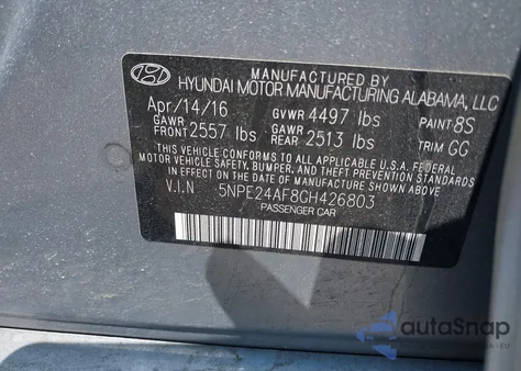 2016 Hyundai Sonata Se z USA, uszkodzony, nr VIN 5NPE24AF8GH426803